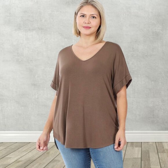 SOFT! Stretchy Luxe Rayon Short Cuff Sleeve V-Neck T-Shirt - Picture 9 of 11